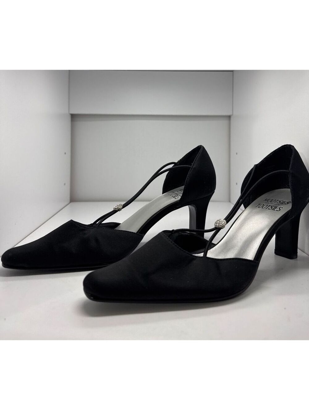 Mootsies Tootsies Black Satin T-Strap Heels with Rhinestone,